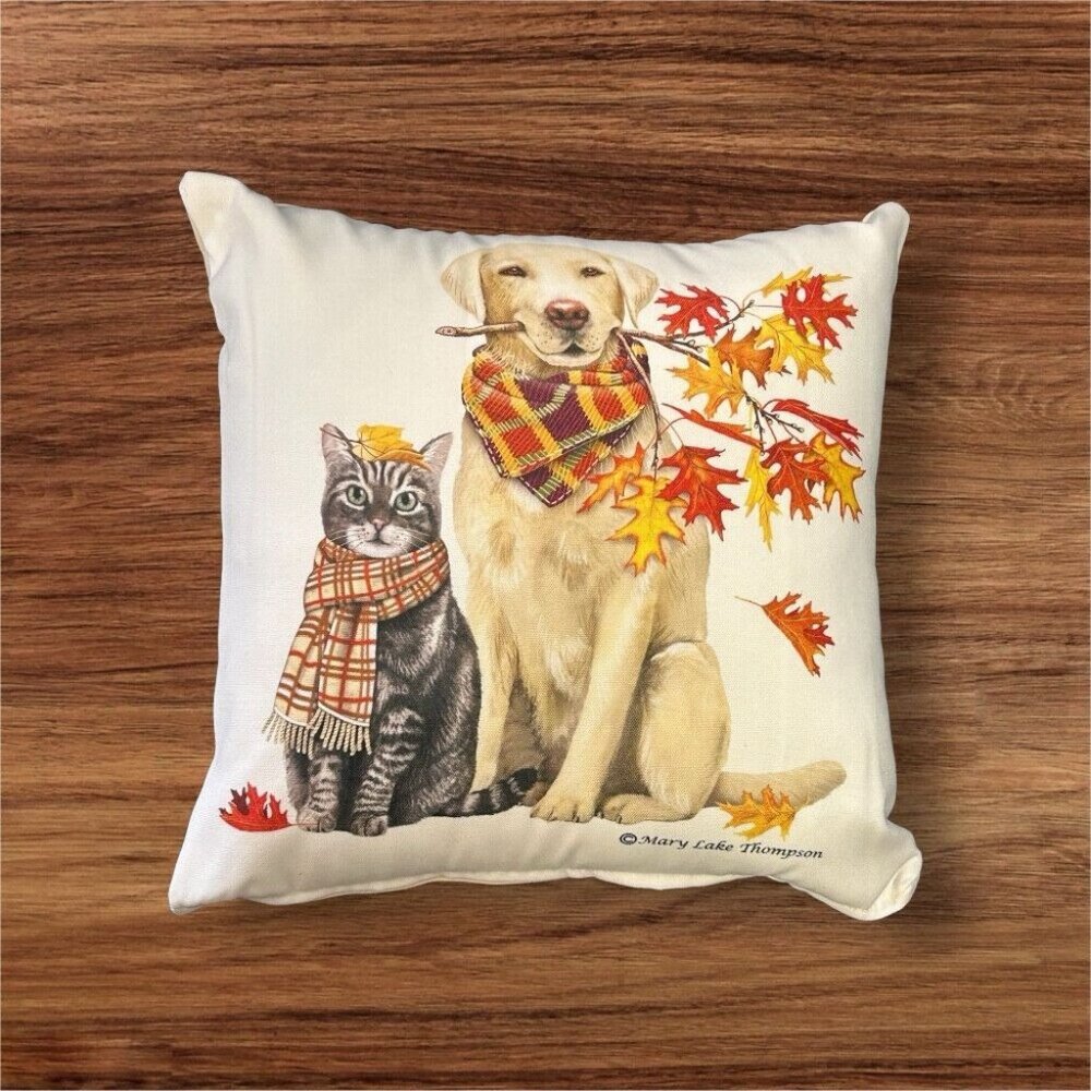 Mary Lake Thompson Yellow Lab & Cat Autumn Leaves Throw Pillow